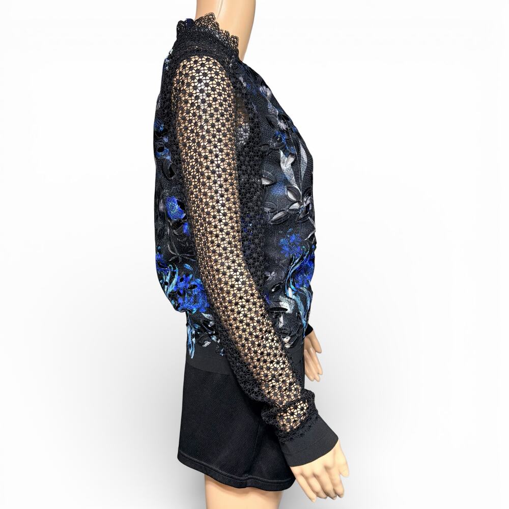 Elie Tahari Womens Brandy Floral Lace Bomber Jacket Sheer Black Blue XS - Picture 5 of 13